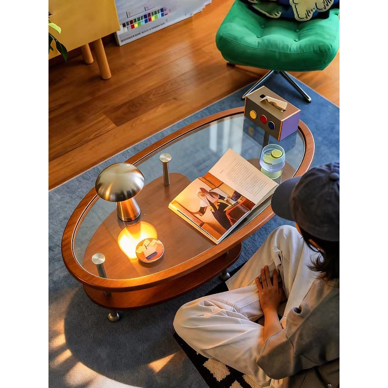 Furniture Hardware Lowes - โต๊ะกาแฟไม้เนื้อแข็งสไตล์ยุคกลาง กระจกนิรภัย รูปวงรี สองชั้น สำหรับอพาร์ทเมนต์ขนาดเล็ก โต๊ะกาแฟเตี้ยสำหรับห้องนั่งเล่น