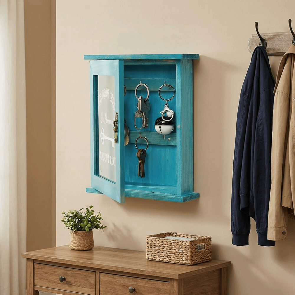 Cabinet Lock Key - ตู้เก็บของทางเข้าแบบวินเทจ ที่แขวนกุญแจ ตู้เก็บกุญแจติดผนังสไตล์เรโทร กล่องเก็บกุญแจไม้สำหรับทางเดิน